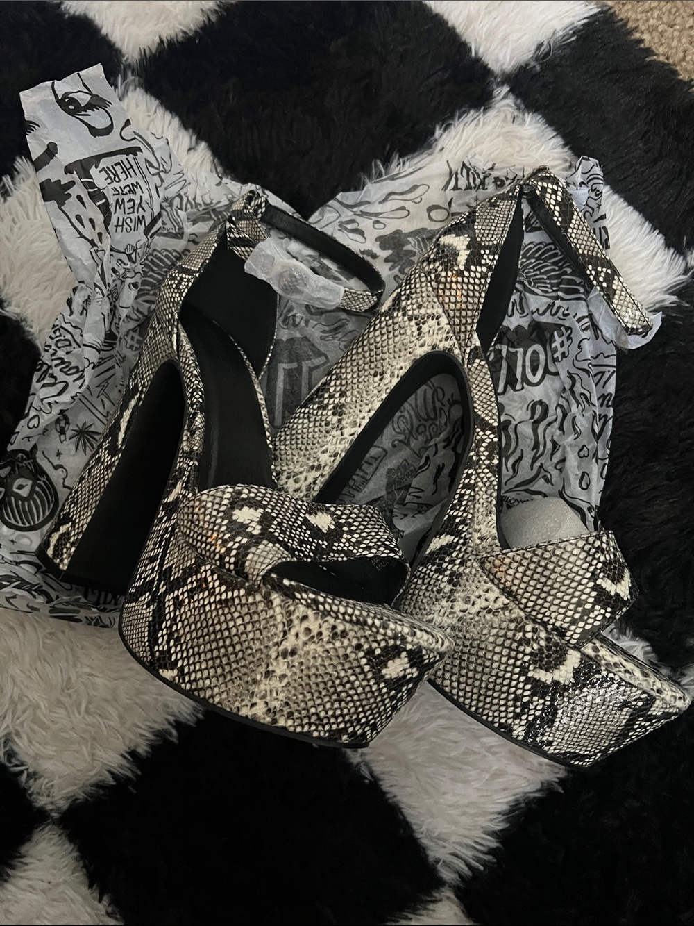 Current Mood Snake-Print Platform Heels - Black & Cream